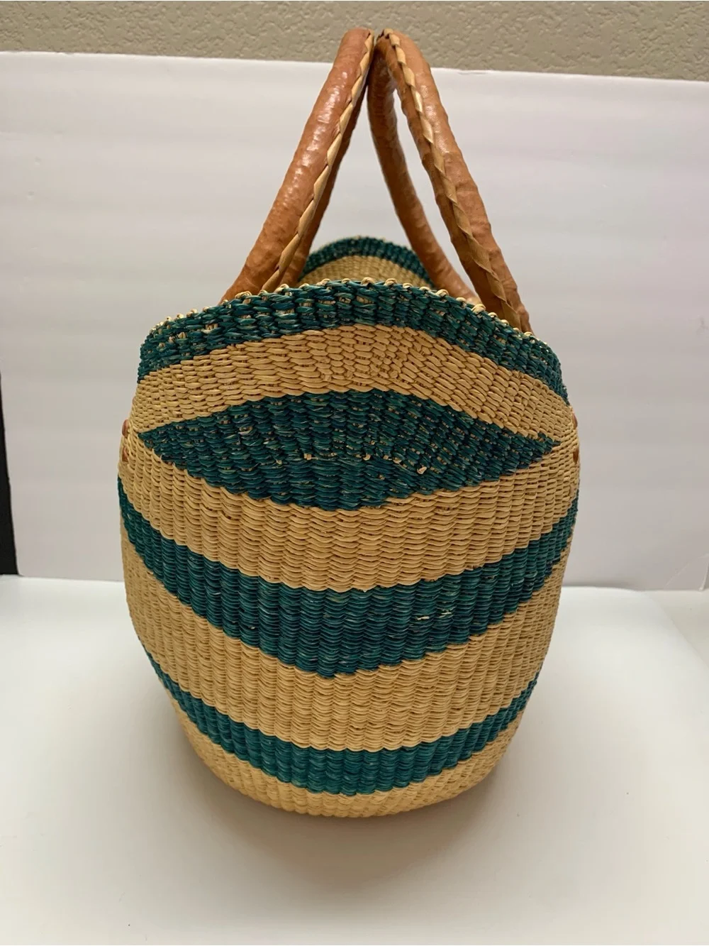 Handwoven Bolga Market Basket with Leather Wrapped Handles Large U Shopper